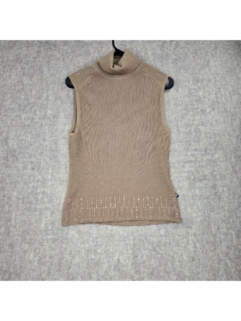 Bisou Jeans Mock Neck Ribbed Sleeveless Top With Rhinestones Beige Rayon Blend